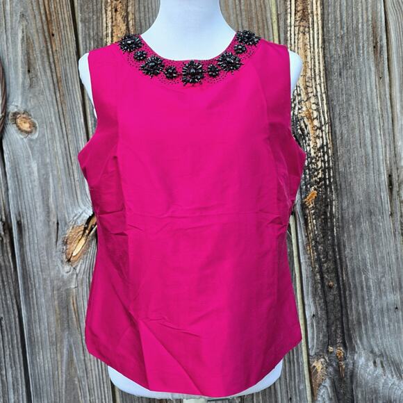 Pink Silk Blouse Talbots Size 12P Sleeveless Top Magenta Black Beaded Neckline - Picture 1 of 9